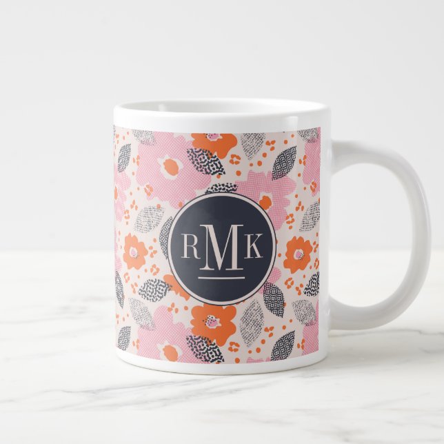 Monogram | Cute Retro Floral Pattern Large Coffee Mug (Right)