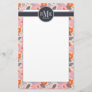Monogram Cute Retro Floral Pattern Stationery