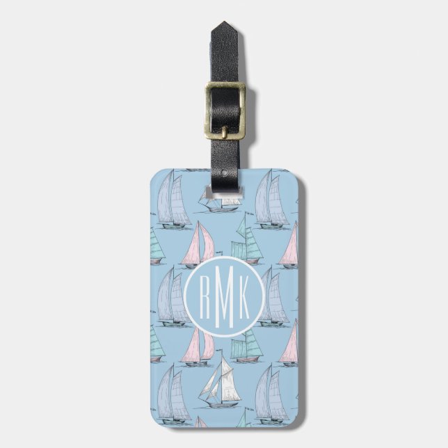 Monogram Cute Sailboat Pattern 1 Luggage Tag (Front Vertical)