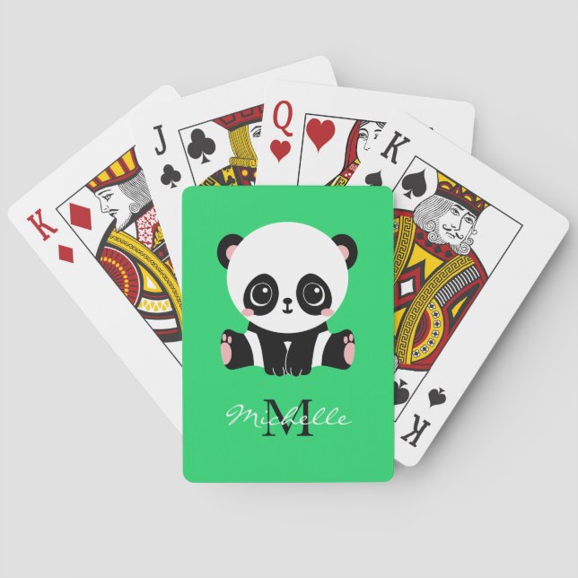 Monogram Cute Sitting Panda Personalised Green Playing Cards (Back)