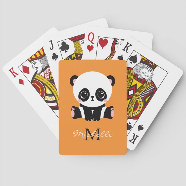 Monogram Cute Sitting Panda Personalised Orange Playing Cards (Back)