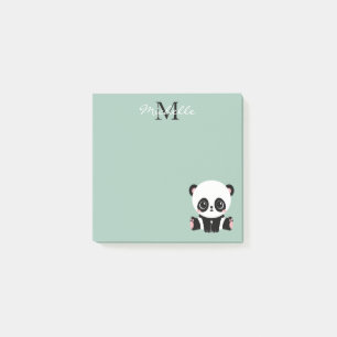 Monogram Cute Sitting Panda Personalised Sage Post-it Notes