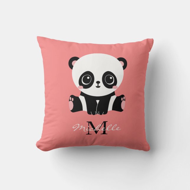 Monogram Cute Sitting Panda Personalised Salmon Cushion (Front)