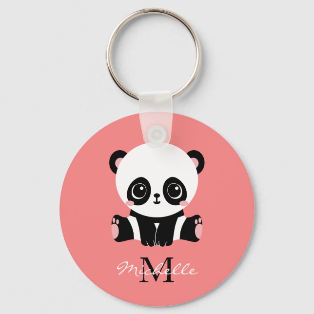 Monogram Cute Sitting Panda Personalised Salmon Key Ring (Front)