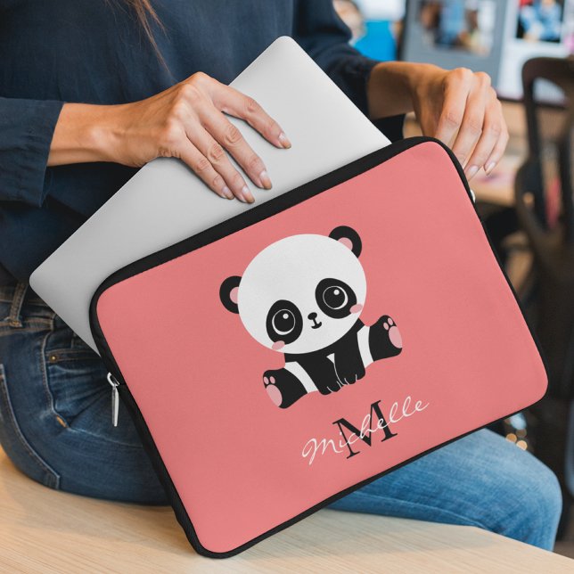 Monogram Cute Sitting Panda Personalised Salmon Laptop Sleeve (Creator Uploaded)