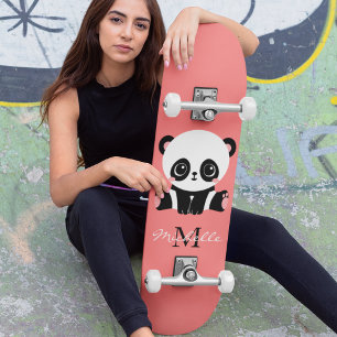 Monogram Cute Sitting Panda Personalised Salmon Skateboard