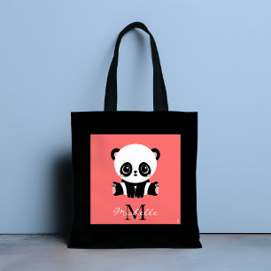 Monogram cute sitting panda personalised salmon tote bag