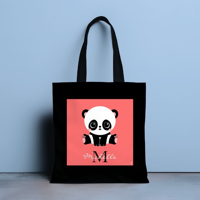 Monogram cute sitting panda personalised salmon tote bag (Creator Uploaded)