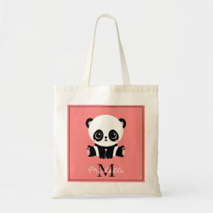 Monogram Cute Sitting Panda Personalised Salmon Tote Bag