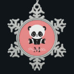 Monogram Cute Sitting Panda Personalised Snowflake Pewter Christmas Ornament<br><div class="desc">A cute panda bear sitting on the floor on a salmon background. Personalise with your monogram and name or delete text in text boxes for no name.</div>