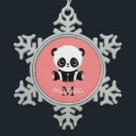 Monogram Cute Sitting Panda Personalised Snowflake Pewter Christmas Ornament<br><div class="desc">A cute panda bear sitting on the floor on a salmon background. Personalise with your monogram and name or delete text in text boxes for no name.</div>