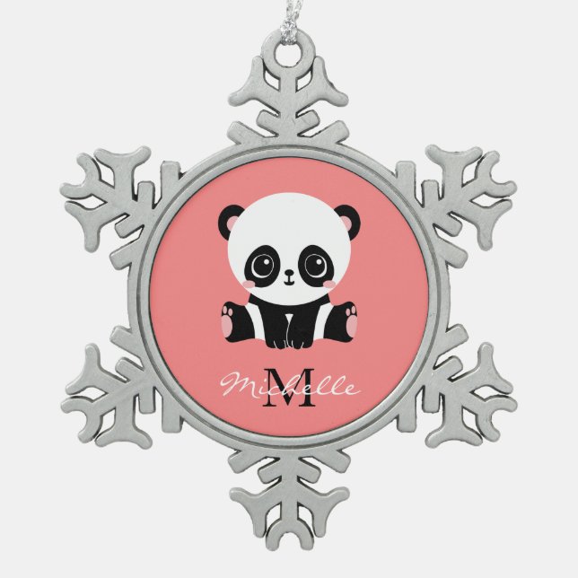 Monogram Cute Sitting Panda Personalised Snowflake Pewter Christmas Ornament (Front)