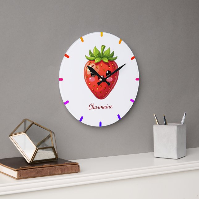 Monogram cute strawberry kawaii large clock (Office)