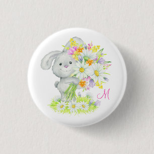 Monogram Cute Watercolor Floral Bunny Rabbit 3 Cm Round Badge
