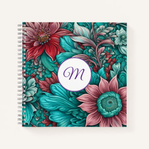 Monogram, Cyan Blue, Red, whimsical flowers Notebook