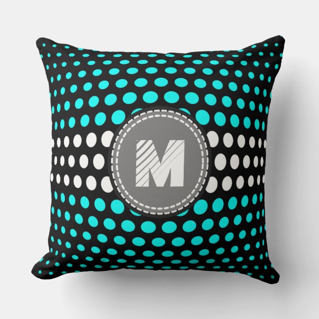 Monogram Cyan & White Polka Dots Pattern Cushion (Front)