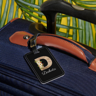 Monogram D black wood letter flower Luggage Tag