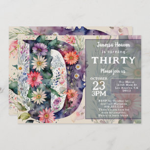Monogram D Colorful Watercolor Flowers Birthday Invitation