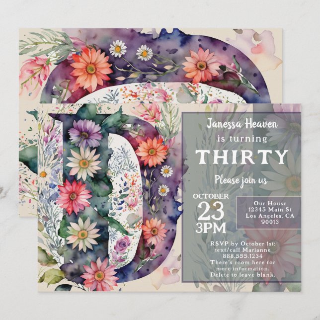 Monogram D Colorful Watercolor Flowers Birthday  Invitation (Front/Back)