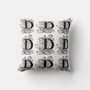 Monogram D Initial Black and White Floral Pattern Cushion
