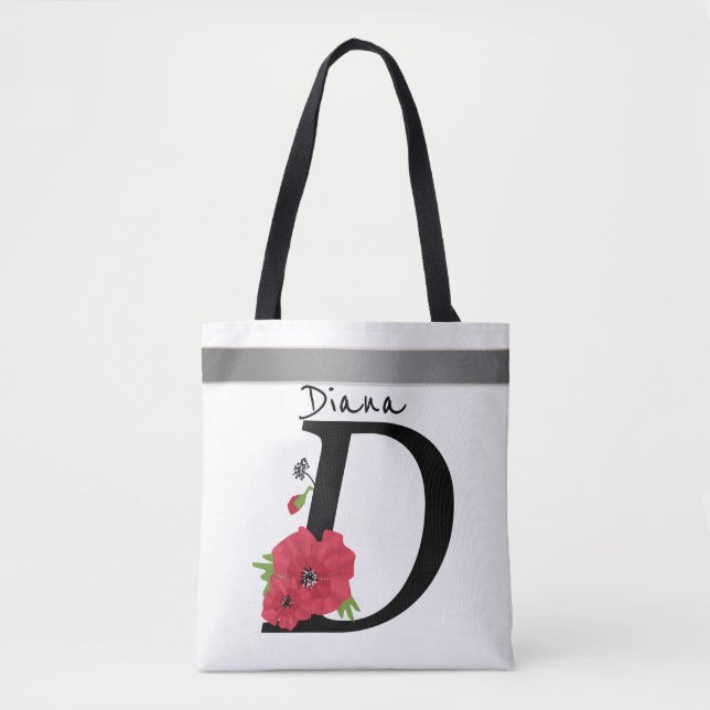 Monogram D, letter D, flowers, monogram, monogram Tote Bag (Front)