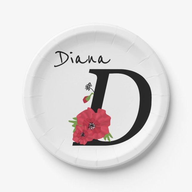 Monogram D, letter D, flowers, monogram Paper Plate (Front)