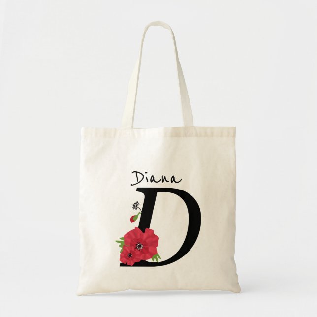 Monogram D, letter D, flowers, monogram Tote Bag (Front)