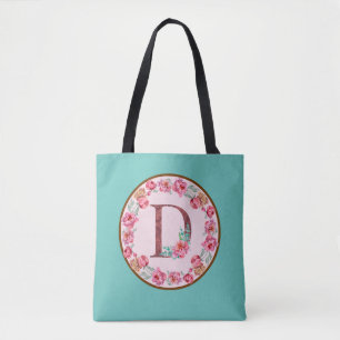 Monogram D Letter with Peony Flower Image Tote Bag