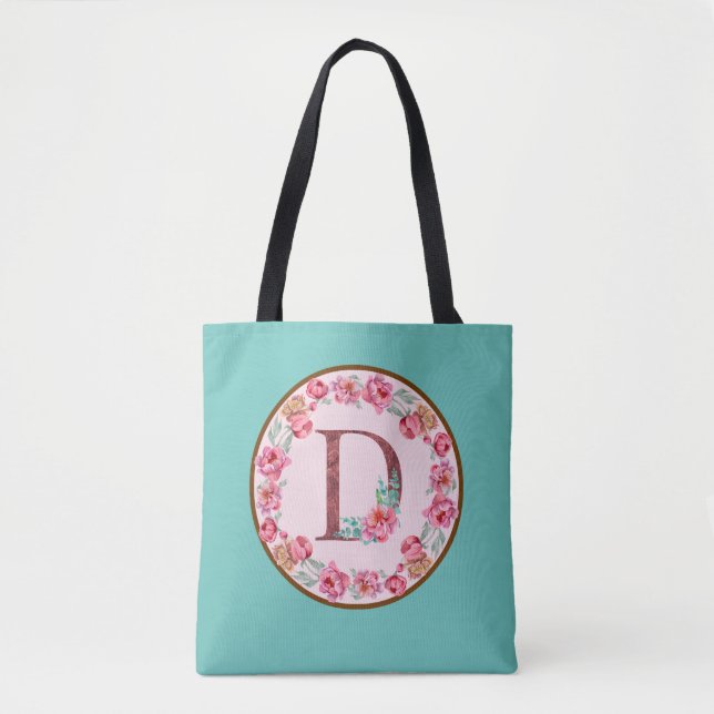 Monogram D Letter with Peony Flower Image Tote Bag (Front)