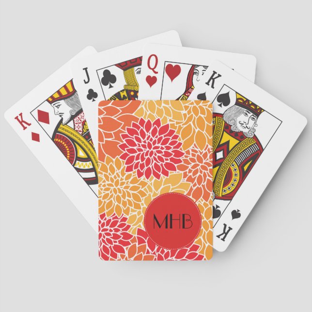 Monogram - Dahlia Flowers, Blossoms - Orange Red Playing Cards (Back)