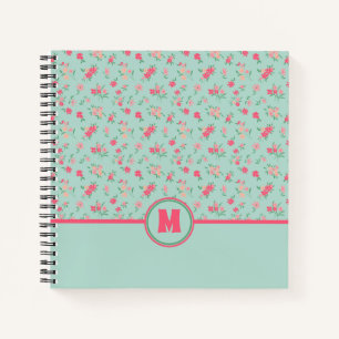 Monogram Dainty Pink Flowers Teal Notebook