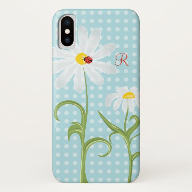 Monogram Daisies and Lady Bug Polka Dot Blue Case-Mate iPhone Case (Back)
