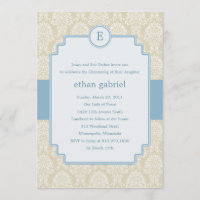 Monogram Damask Baptism/Christening Invite - Blue