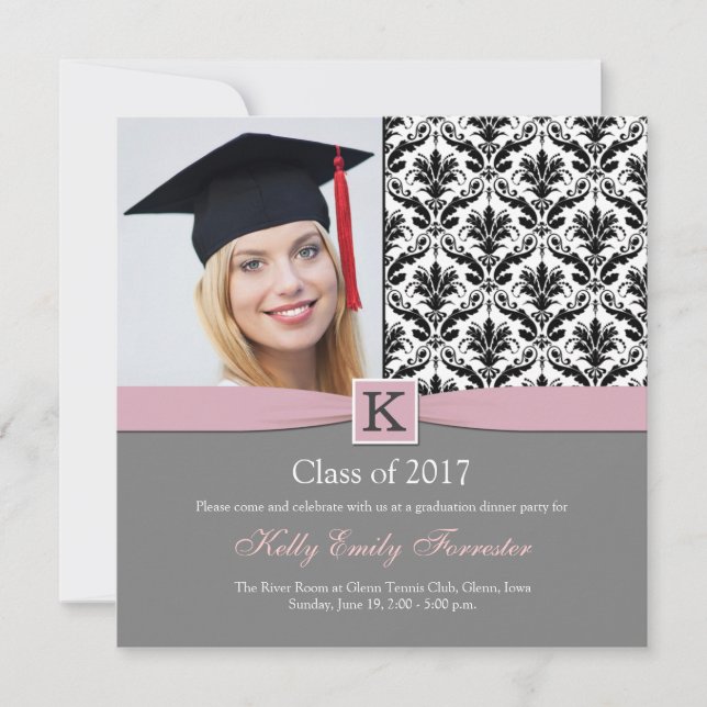 Monogram Damask black white Graduation Party Invitation (Front)