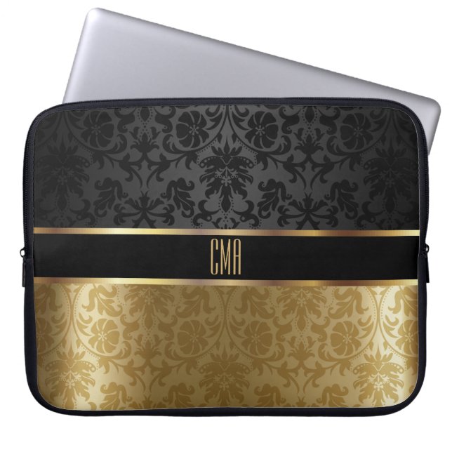 Monogram Damask Black with Gold Floral Laptop Sleeve (Front)