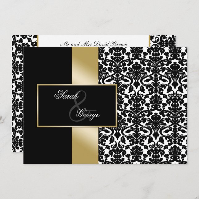 monogram damask gold wedding invitation (Front/Back)