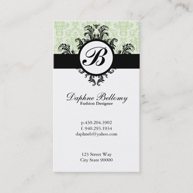 Monogram Damask (green mint) Business Card (Front)