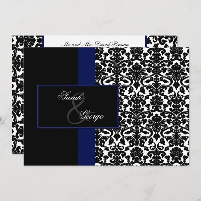 monogram damask navy wedding invitation (Front/Back)