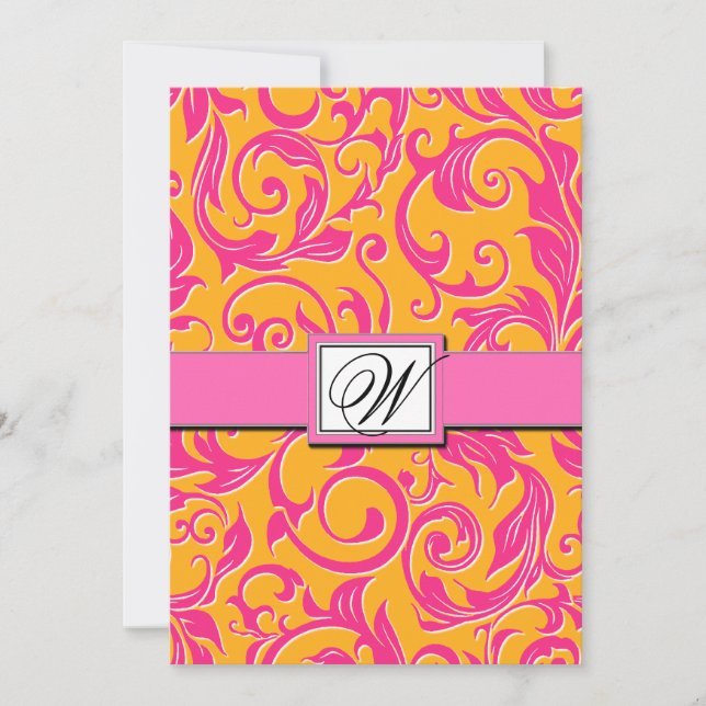 Monogram Damask Orange & Pink Wedding Invitations (Front)