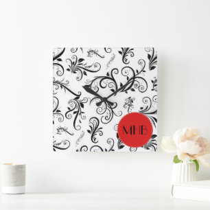 Monogram - Damask, Ornaments, Swirls - Black White Square Wall Clock