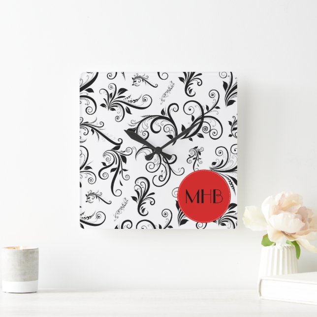 Monogram - Damask, Ornaments, Swirls - Black White Square Wall Clock (Home)