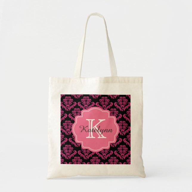 Monogram Damask Pattern with Pink Custom Tote Bag (Front)