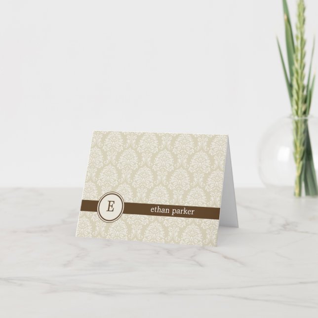 Monogram Damask Thank You Card - Brown (Front)