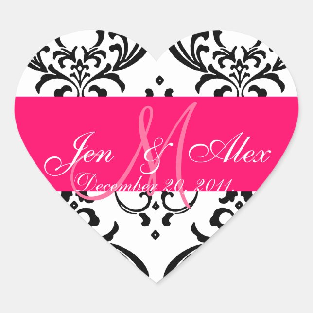 Monogram Damask Wedding Favour Sticker Heart Shape (Front)