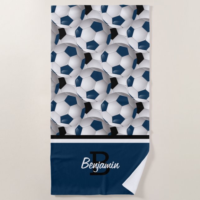 Monogram Dark Blue Black Soccer Ball Pattern Beach Towel (Front)