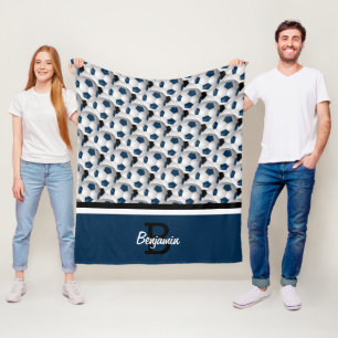 Monogram Dark Blue Black Soccer Ball Pattern Fleece Blanket