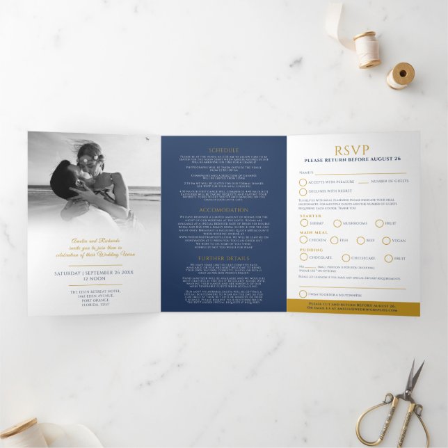 Monogram dark blue gold leaf wedding option RSVP Tri-Fold Invitation (Inside)