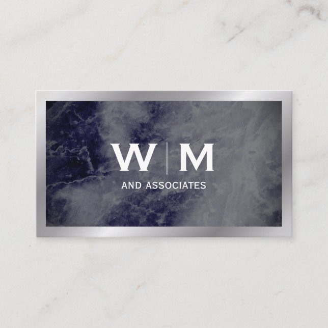 Monogram | Dark Blue Marble Texture Business Card (Front)