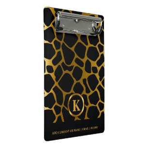 Monogram Dark Gold and Black Giraffe Pattern Mini Clipboard
