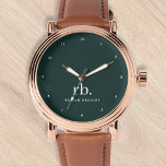 Monogram Dark Green Stylish Modern Minimalist Watc Watch<br><div class="desc">A minimalist monogram design with large typography initials in a classic font with your name below on a  dark green background. The perfectly custom gift or accessory!</div>